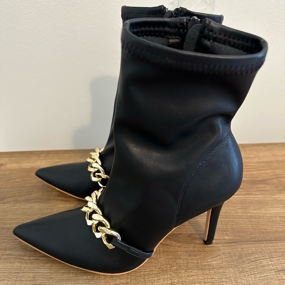 Black Faux Leather Booties w/ Gold Metal Chain Size 38